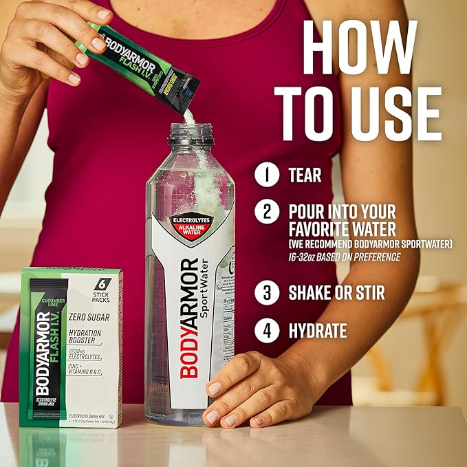 BODYARMOR Flash IV Electrolyte Packets, Cucumber Lime - Zero Sugar Drink Mix, Single Serve Packs