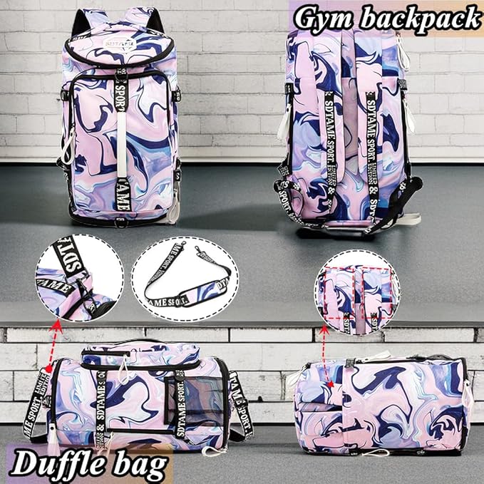 Gym Duffle Bag Backpack with Shoe Compartment,4 ways Travel Backpack for Women and