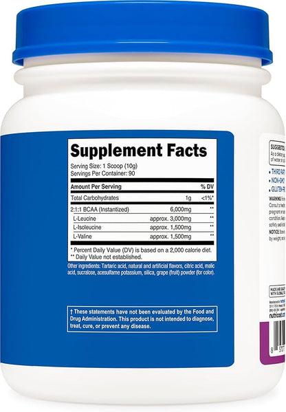 Nutricost BCAA Powder (Grape, 90 Servings) - Optimal 2:1:1 Ratio, Vegetarian, Non-GMO