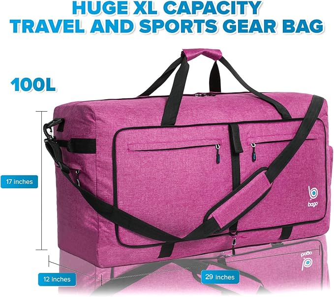 Bago Large Foldable Duffel Bags for Traveling Women & Men - 100L Packable Duffle Bag for Travel