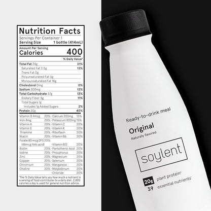 Soylent Original Meal Replacement Shake, Ready-to-Drink Plant Based Protein Drink, Contains 20g