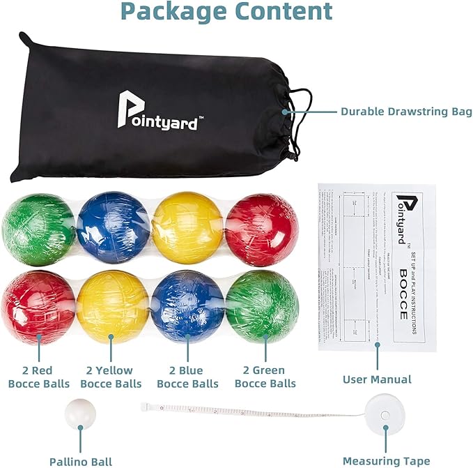 Pointyard 90mm Bocce Ball Set with 8 PE Balls, 1 Pallino, Carrying Bag, Measuring Tape - Family
