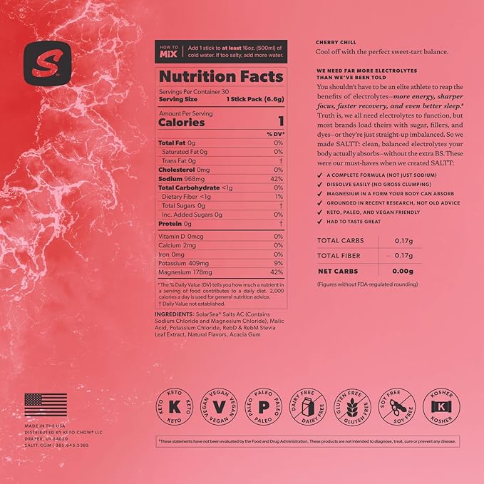 Keto Chow SALTT Electrolytes Powder Packets, Cherry Chill (30 Hydration Packets) - Magnesium