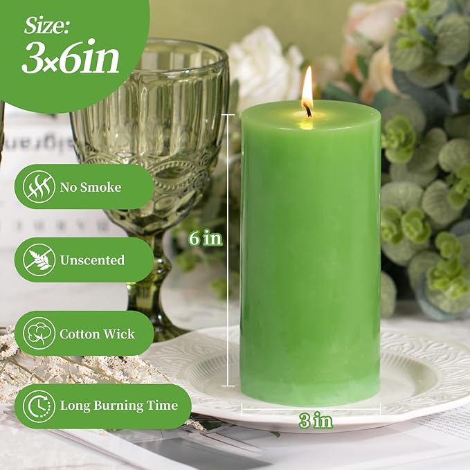 KONNI Green Pillar Candles Set of 3, 3"x 6" Unscented Pillar Candles Bulk, 56 Hours Long Burning