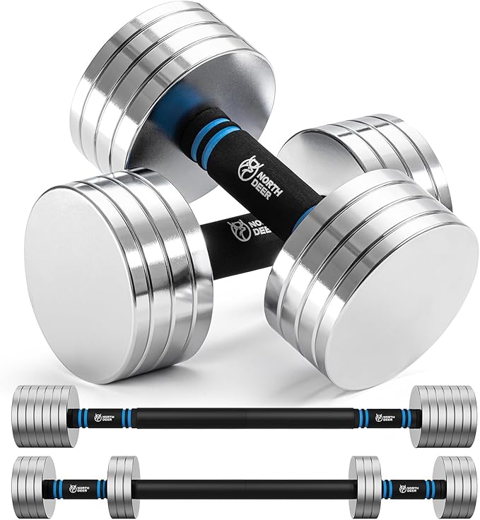 Northdeer V2.0 Upgraded Adjustable Steel Dumbbells 40LB / 60LB - 2 in 1 Dumbbell Barbell Set for