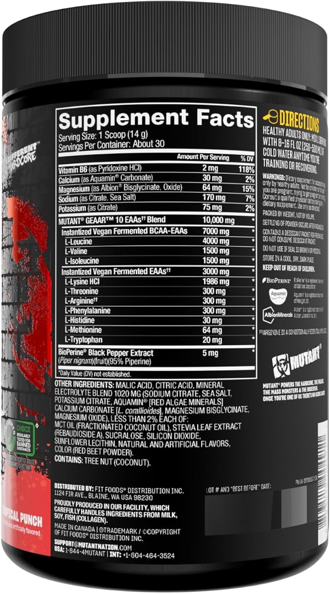 Mutant GEAAR - 9.4g of EAA Powder + Arginine, 7g BCAAs, 4g Leucine, Electrolytes, Coconut Water, 30
