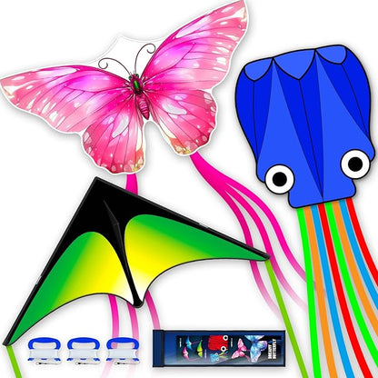 3 Piece Set Butterfly Delta and Octopus Kites for Boys and Girls, Beach Kites for Family Outdoor