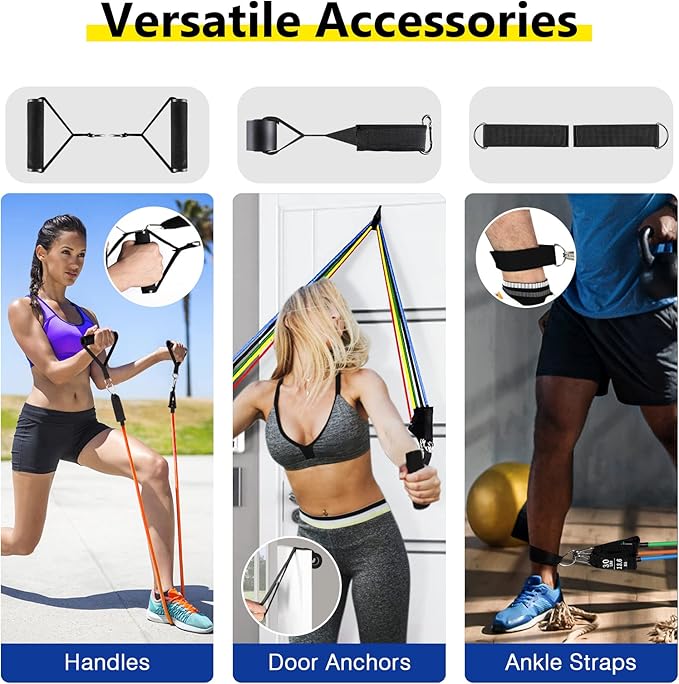 Resistance Bands Set, Workout Bands with Handles, Door Anchor, Ankle Straps and Carry Bag, Exercise