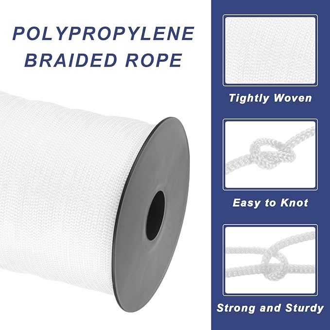 MECCANIXITY 1/8 Inch Polypropylene Rope Braided Ropes, 328ft Nylon Rope Hollow Utility Cord String
