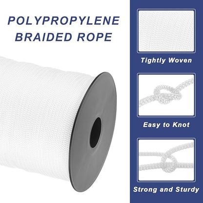 MECCANIXITY 1/8 Inch Polypropylene Rope Braided Ropes, 328ft Nylon Rope Hollow Utility Cord String