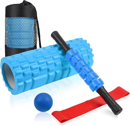 5 in 1 Foam Roller Set Includes Hollow Core Massage Roller, Yoga Stick, Massage Ball, Fitness