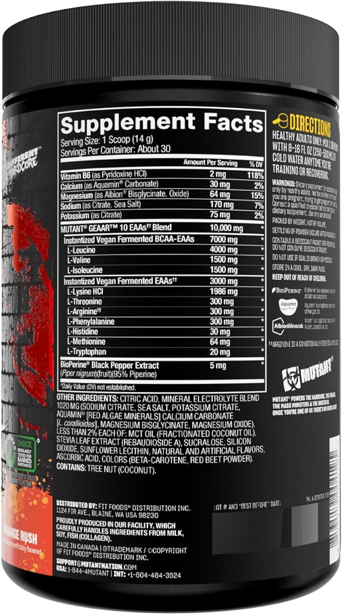 Mutant GEAAR - 9.4g of EAA Powder + Arginine, 7g BCAAs, 4g Leucine, Electrolytes, Coconut Water, 30
