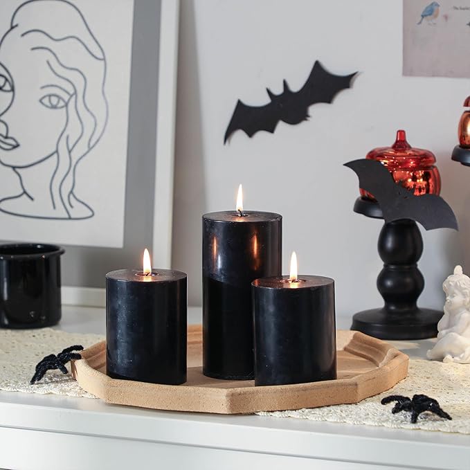3x6 Inch Black Pillar Candles Set of 3 - Decorative Unscented Pillar Candle, Long Burning Dripless