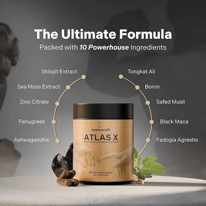 ATLAS X 10-in-1 Masculinity Maximiser Supplement for Men - Energy, Strength & Vitality Capsules