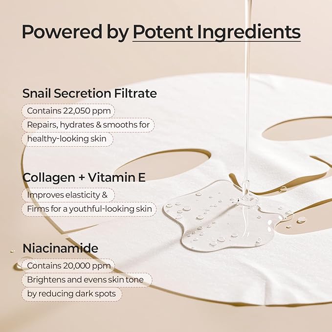 MOTHER MADE Glowing Glass Skin Hydrating Snail Deep Collagen Face Masks 10 EA, with Niacinamide 2%
