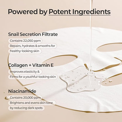 MOTHER MADE Glowing Glass Skin Hydrating Snail Deep Collagen Face Masks 10 EA, with Niacinamide 2%