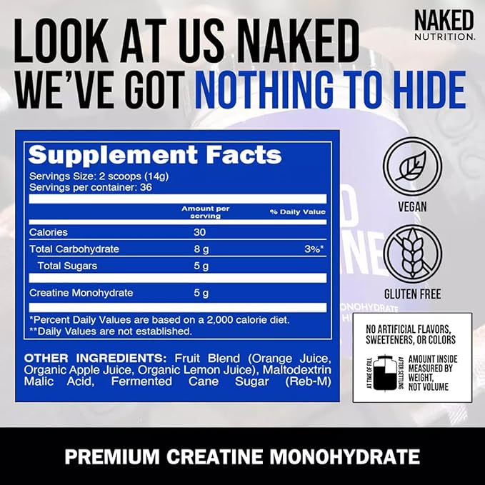 NAKED Pure Micronized Orange Creatine Monohydrate - 36 Servings - 500 Grams, 1.1Lb Bulk, Vegan