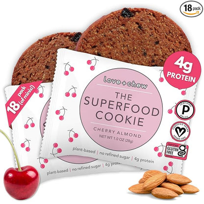 Love + Chew Soft Baked Protein Cookies, Gluten Free | (18) Count Cherry Almond Minis | Vegan