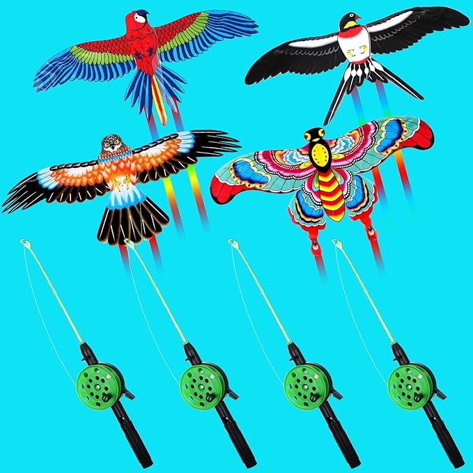4Pcs Large Fishing Rod Kite for Kid Adults 23.62 Inch Vivid Swallow Parrot Phoenix Butterfly Kite