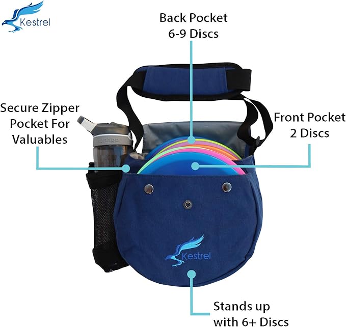 Kestrel Black Disc Golf Bag - Fits 6-10 Golf Discs + Bottle - For Beginner & Advanced Golfers