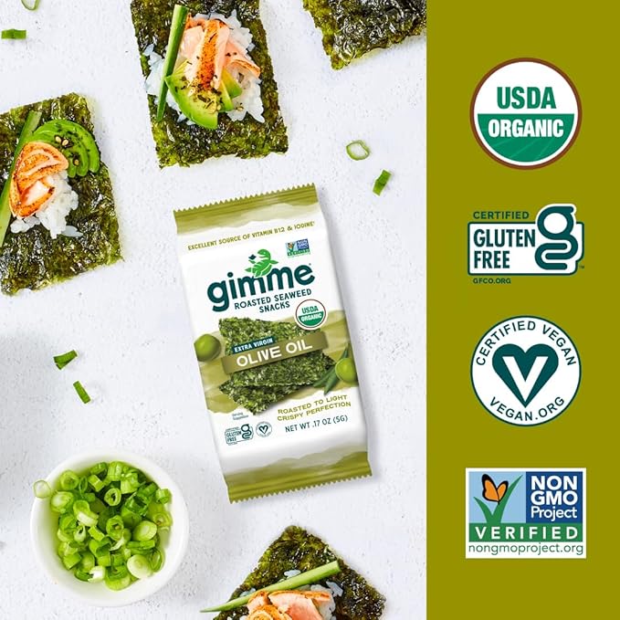 Gimme Seaweed Organic Premium Roasted Seaweed Snacks, Extra Virgin Olive Oil, 20 Count, Keto