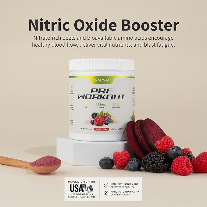 Snap Supplements Pre Workout Beet Root Powder, Nitric Oxide Supplement Preworkout for Men and Women
