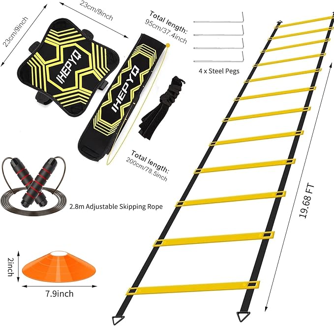 Soccer Agility Training Equipment Set, 12 Rung 20Ft Agility Ladder, 12 Disc Cones, 4 Steel Stakes