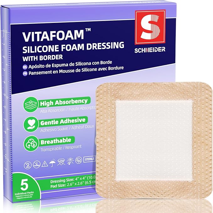 Silicone Foam Dressing 4" x 4" with Border, High Absorbency Wound Bandage, Gentle Adhesion, Soft