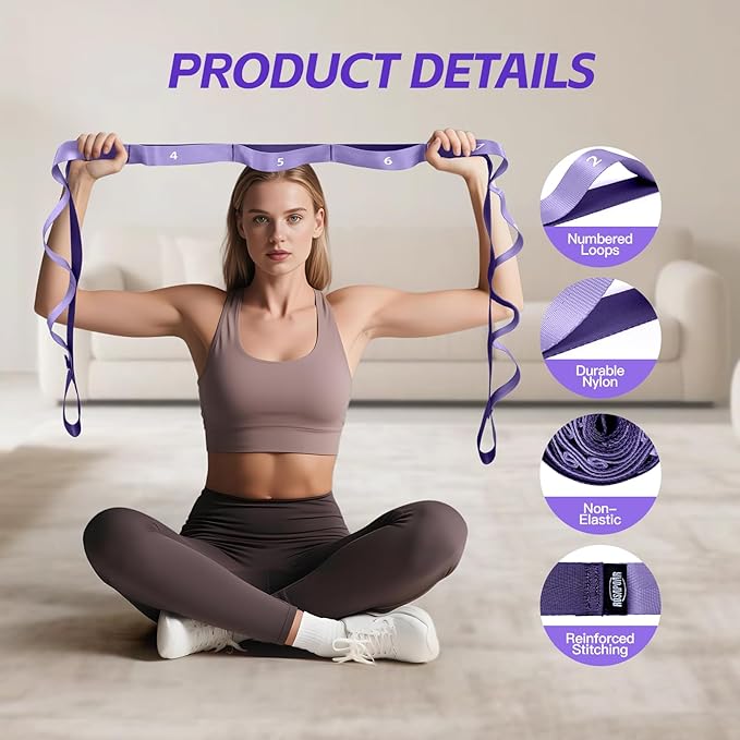 Stretching Strap with Loops - Non Elastic Yoga Straps for Physical Therapy, Durable Stretch Bands