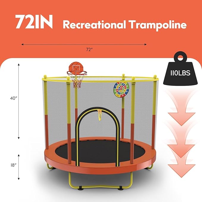 72" Trampoline for Kids with Net,6 FT Indoor & Outdoor Small Toddler Trampoline with Basketball