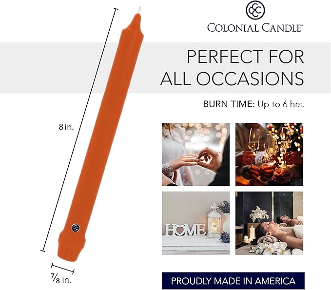 Colonial Candle Unscented Taper Candle, Classic Collection, Pumpkin, 8 In, Pack of 12 - Up to 6