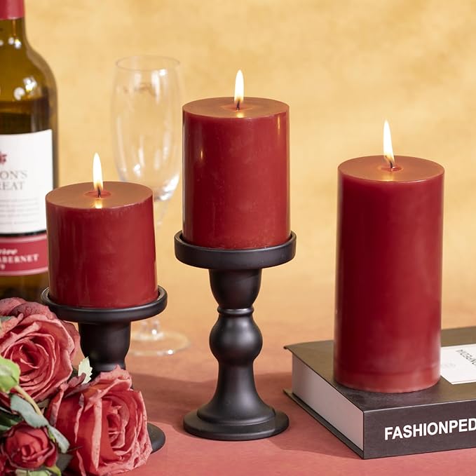 KONNI Dark Red Pillar Candles Set of 3, 3"x 3" Unscented Pillar Candles Bulk, 30 Hours Long Burning