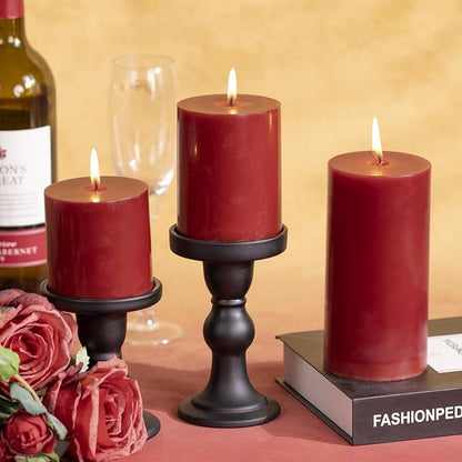 KONNI Dark Red Pillar Candles Set of 3, 3"x 3" Unscented Pillar Candles Bulk, 30 Hours Long Burning