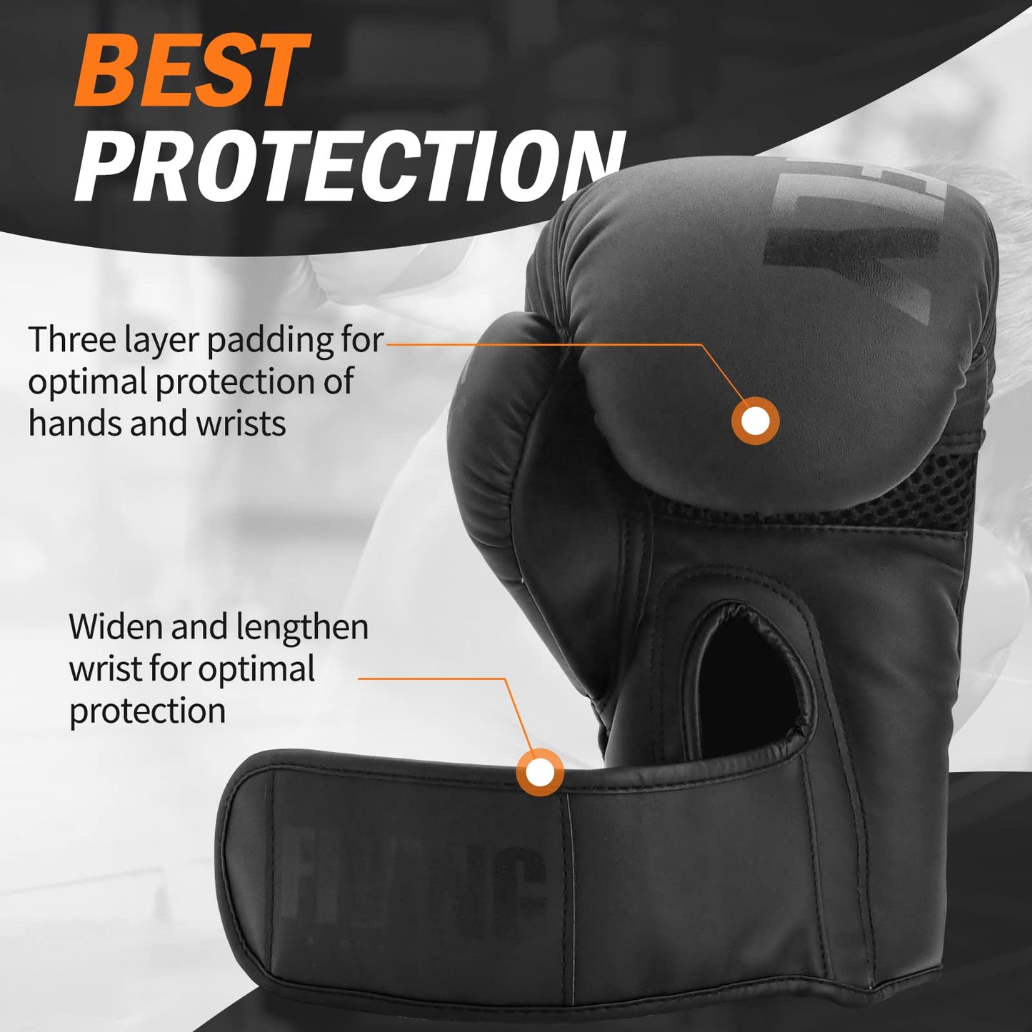 FIVING Boxing Gloves for Men and Women (Black, 16oz)