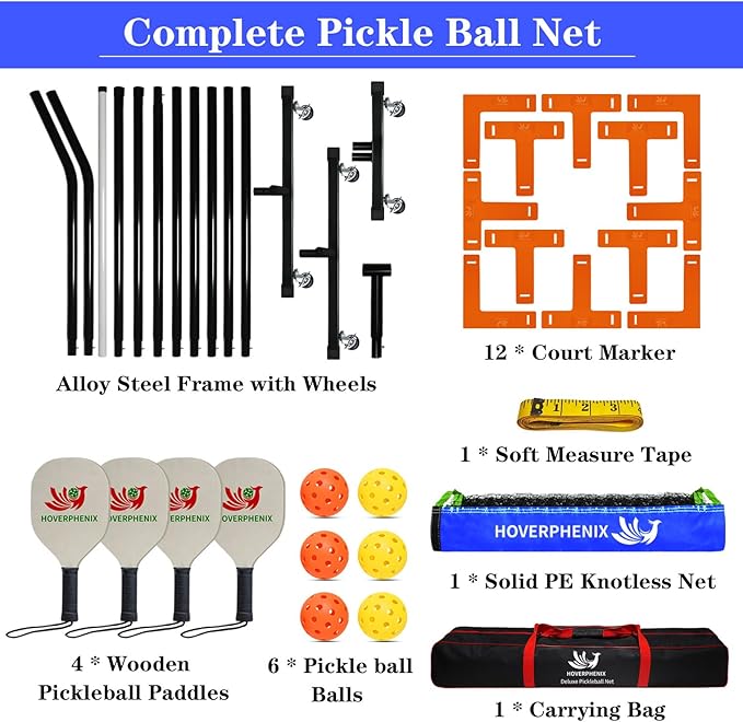 Hoverphenix Pickleball Net for Driveway, 22FT Regulation Size Pickleball Net with Paddles Set of 4