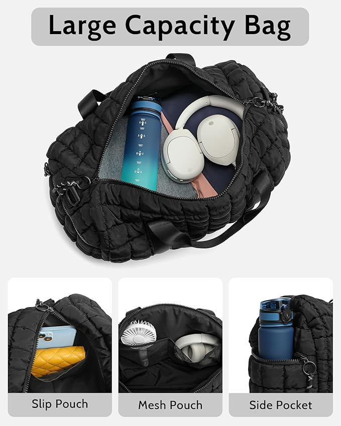 FODOKO Quilted Duffel Bag for Women, Puffer Gym Duffle with Shoe Compartment, Lightweight Large