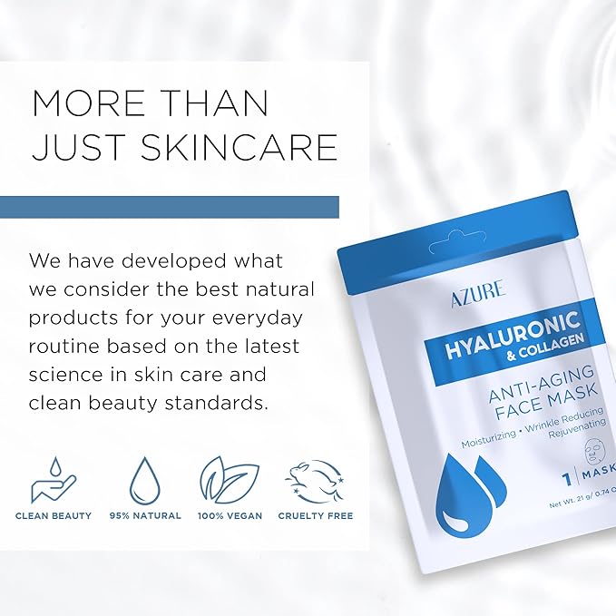 Azure Cosmetics Hyaluronic Acid & Collagen Anti Aging Sheet Facial Mask - Rejuvenating &