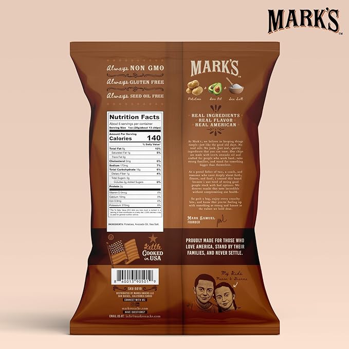 MARK’S Kettle Cooked Avocado Oil Potato Chips, Sea Salt – Seed Oil & GMO Free | Sea Salt, 5 oz