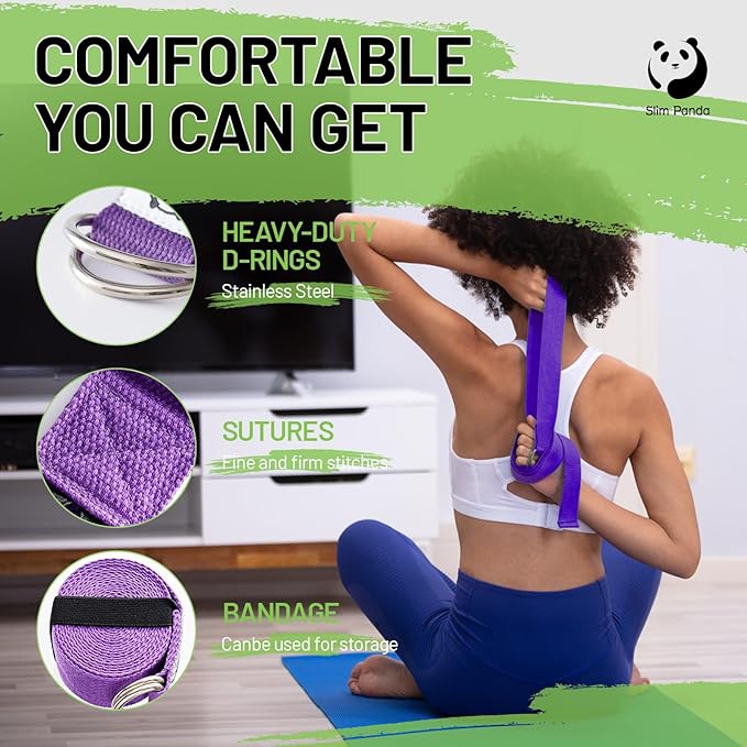 Slim Panda Yoga Strap for Stretching,Cotton Yoga Strap with Adjustable D-Ring Buckle,Non-Elastic