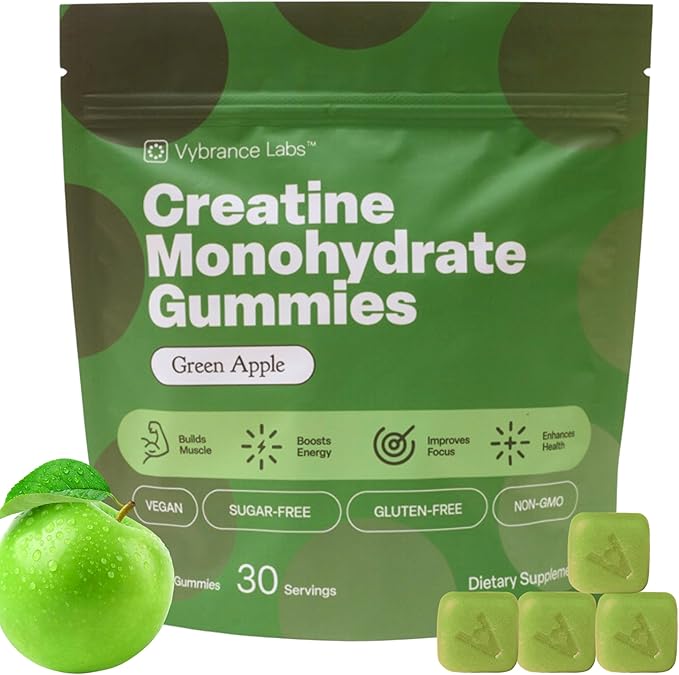 Creatine Gummies 5g – Sugar-Free Creatine Monohydrate + Taurine & B12 | Vegan, Gluten-Free | Green