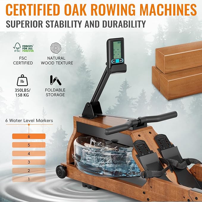 Water Rowing Machine for Home Use, WENOKER Wooden Foldable Rower Machine with Adjustable Monitor &
