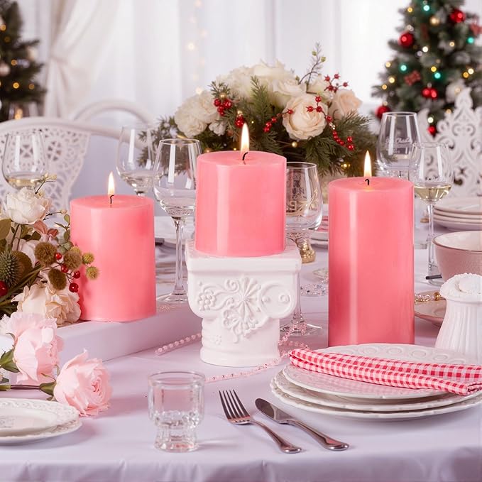 KONNI Pink Pillar Candles Set of 3, 3"x 4" Unscented Pillar Candles Bulk, 39 Hours Long Burning