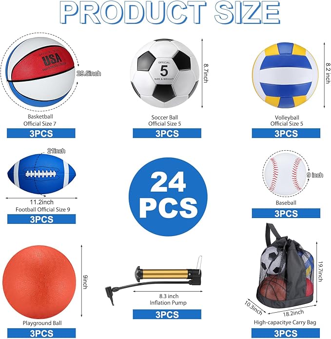 Leyndo 18 Pcs Sport Balls Bulk Set Basketball Football Volleyball Soccer Playground Baseball with