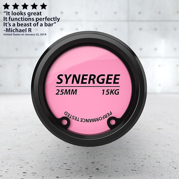 Synergee Games 15kg and 20kg Colored Ceramic Coated Barbells. Rated 1500lbs for Weightlifting and