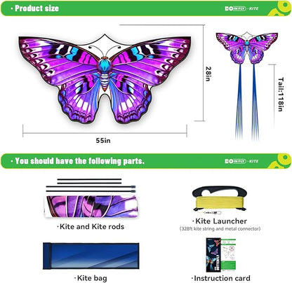 Butterfly Kites for Kids & Adults, 55" x 27" Easy to Fly for Beginners, Dreamy Purple Kite with 328