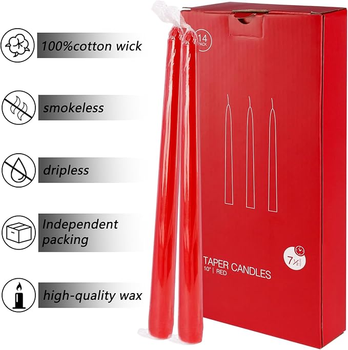 24 Pack Red Taper Candles, 7-8 Hours Burn Time, Unscented, Smokeless and Dripless, 0.75 x 10 Inch