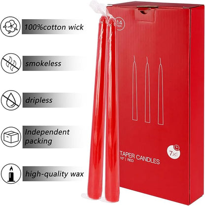 24 Pack Red Taper Candles, 7-8 Hours Burn Time, Unscented, Smokeless and Dripless, 0.75 x 10 Inch