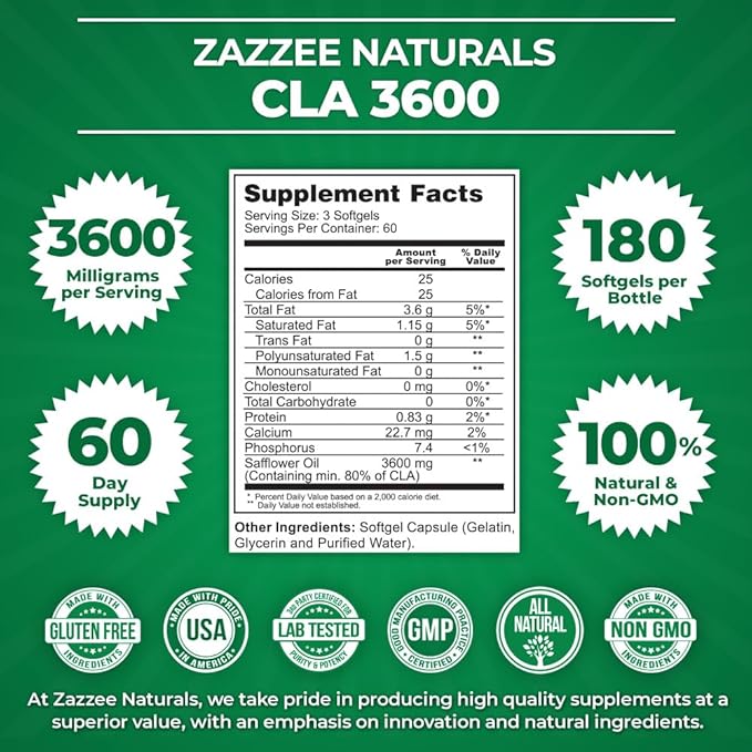 Zazzee High Potency CLA 3600, 180 Softgels, 3600 mg per Serving, Conjugated Linoleic Acid from