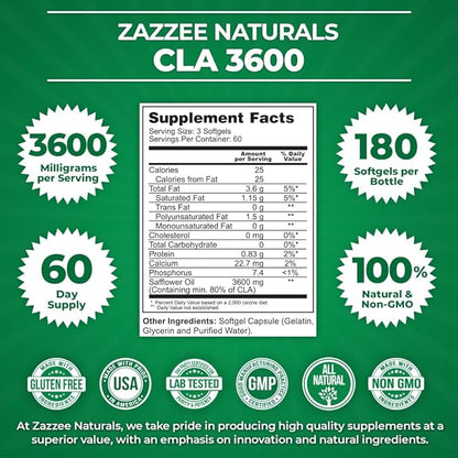 Zazzee High Potency CLA 3600, 180 Softgels, 3600 mg per Serving, Conjugated Linoleic Acid from