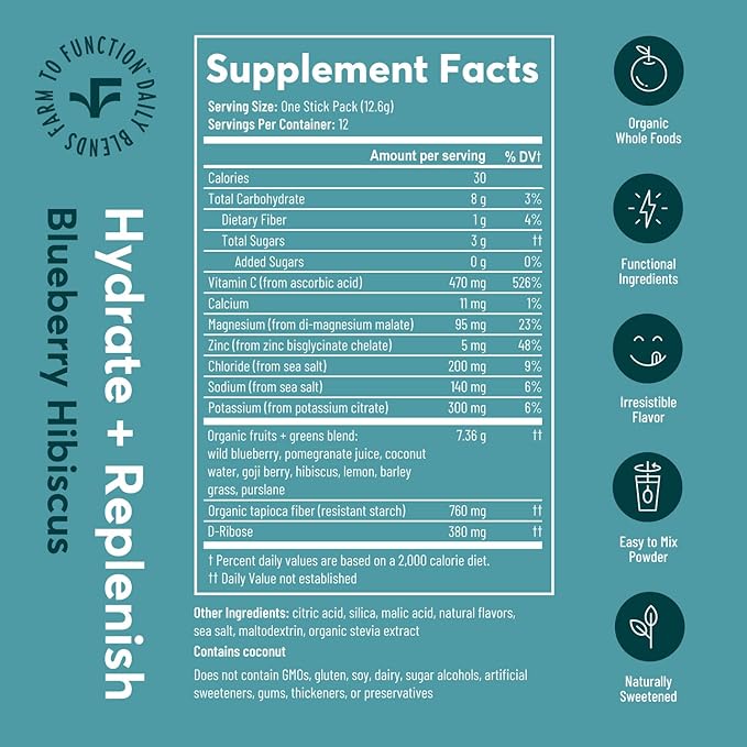 Low Sodium Electrolyte Drink Mix - Natural Electrolytes, Organic Fruits and Greens - No Added Sugar